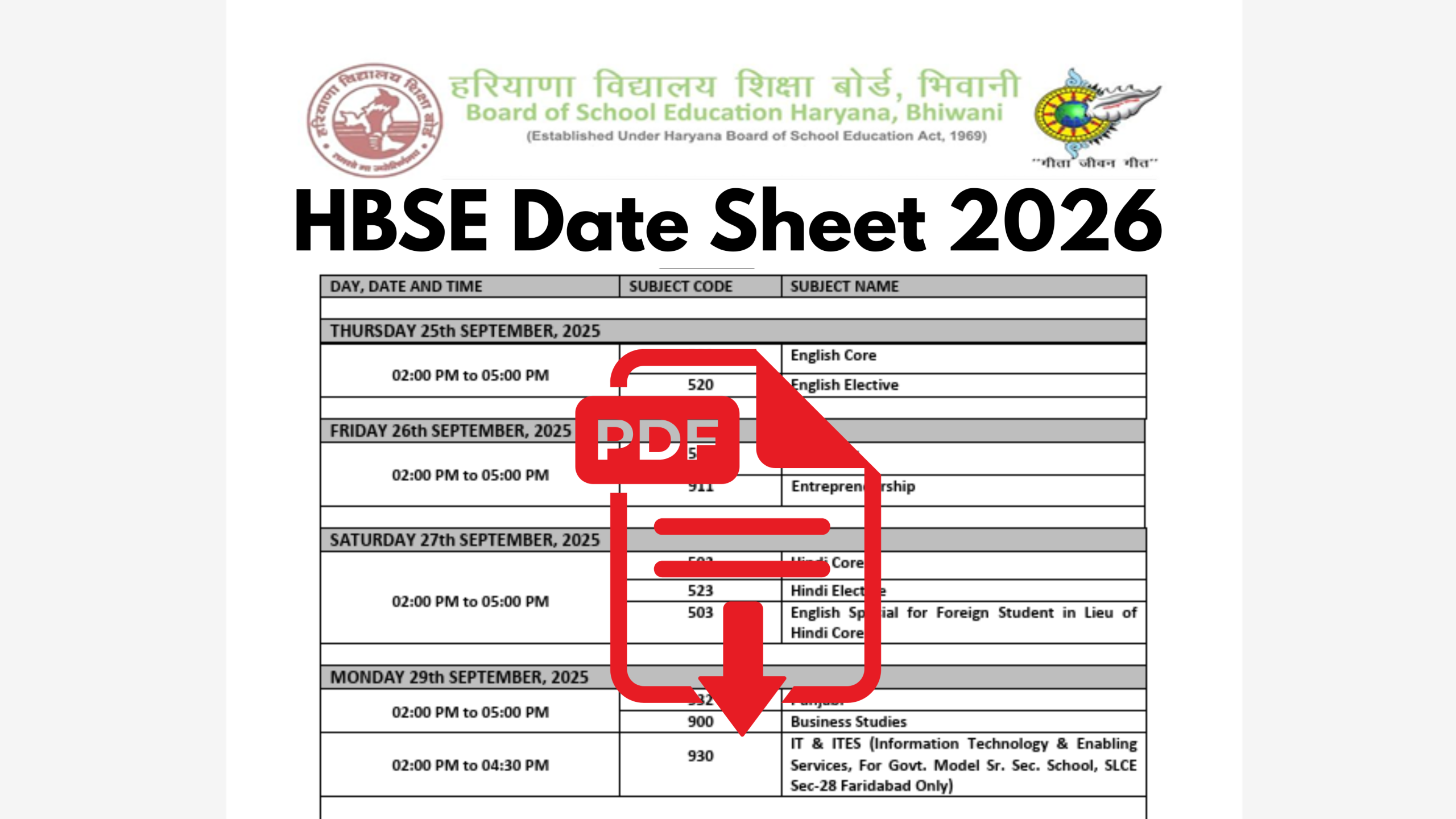 HBSE Date Sheet 2026